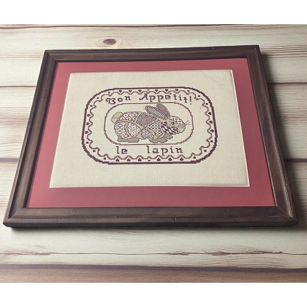 Vtg Completed CROSS STITCH Bon Appetit La Lapin Rabbit Framed Picture No Glass
